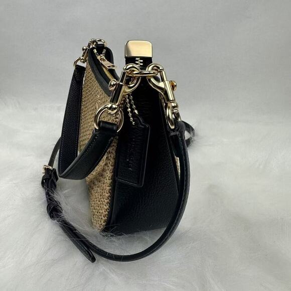 COACH Teri Shoulder Crossbody Bag 2way In Toast Black Straw Leather CAL90 NWT - Picture 3 of 12